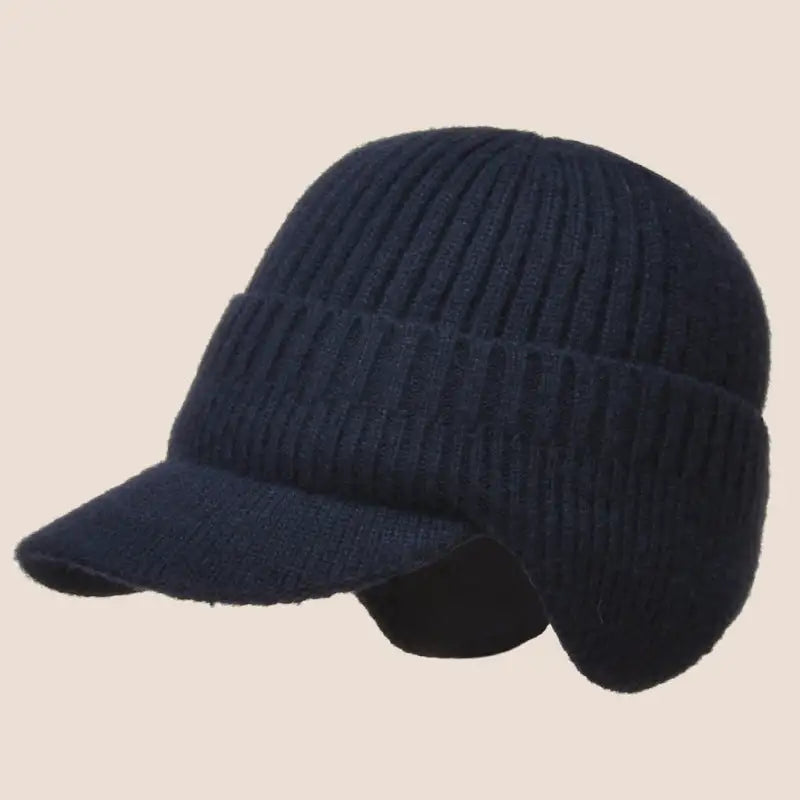 Angled view of warm winter hat with braided chin straps