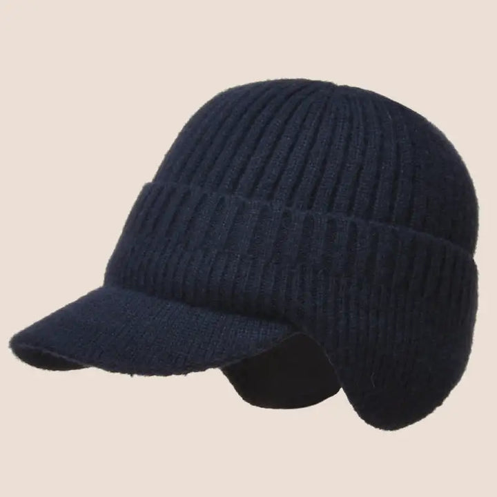Angled view of warm winter hat with braided chin straps