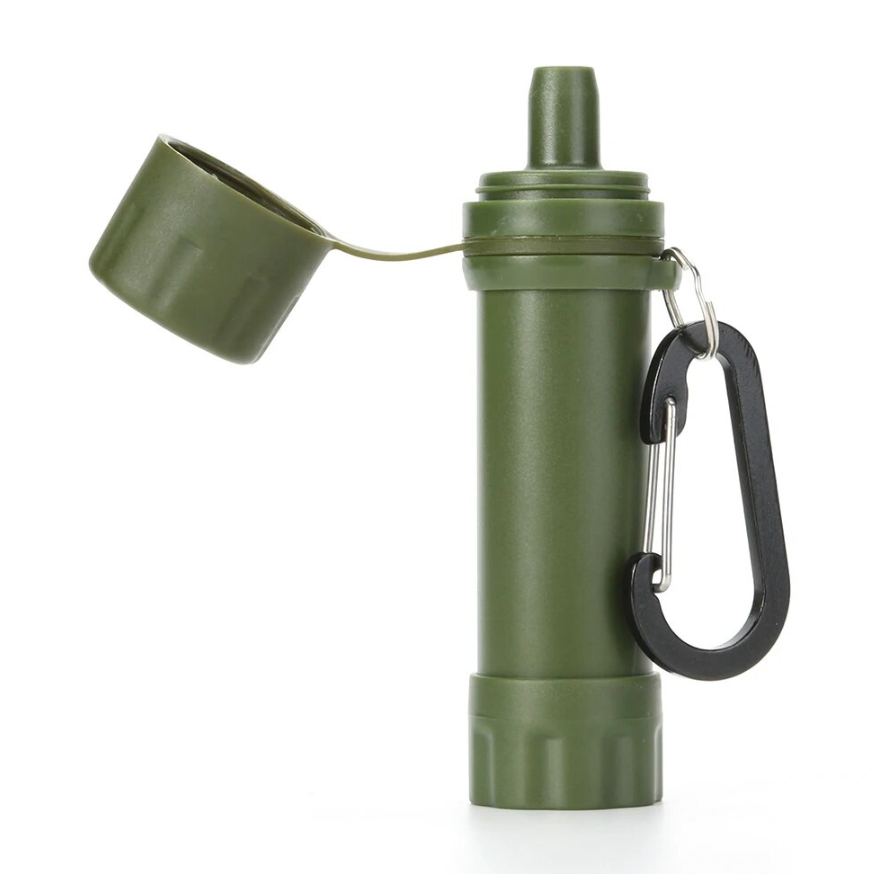 Green portable outdoor water filter straw with carabiner attached
