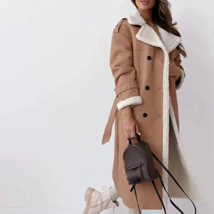 Women's long winter coat featuring a warm plush teddy collar and tie belt.