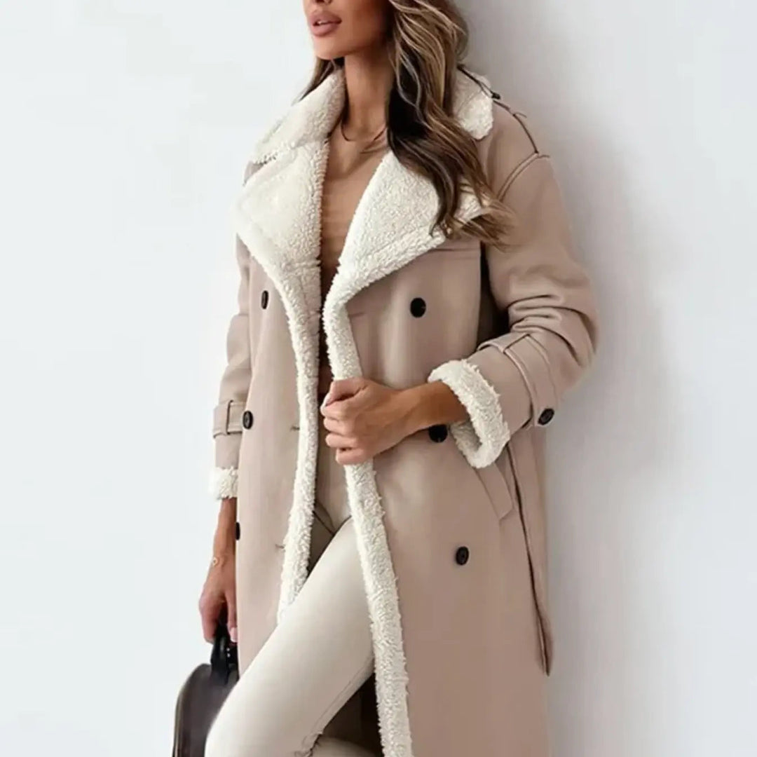 Stylish belted long winter coat showcasing soft plush collar detail.