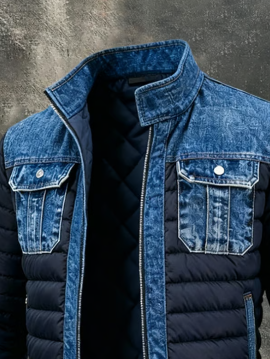 Detailed view of the stand-up collar and chest pocket design