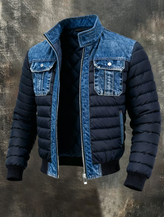 Men's quilted denim jacket in blue shown with front zip and stand-up collar