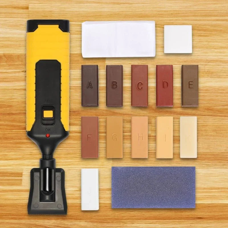 Flat lay of all components included in the laminate and wood floor repair set
