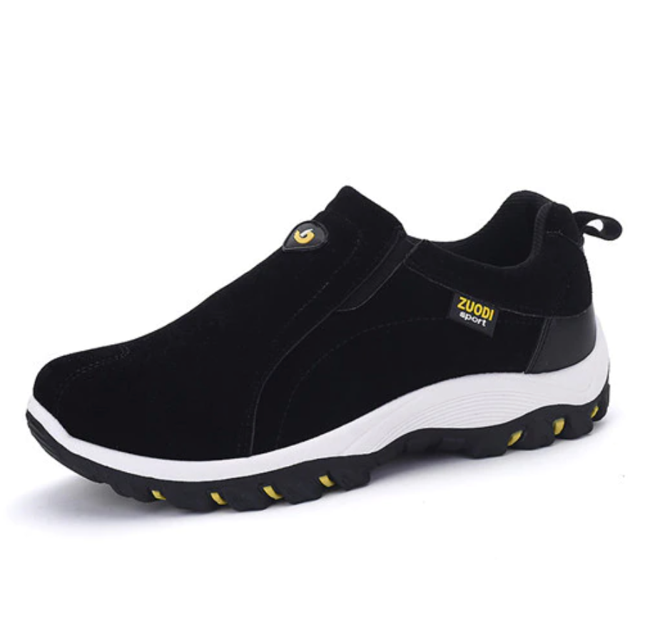 Men's black orthopedic slip-on walking shoe with textured outsole