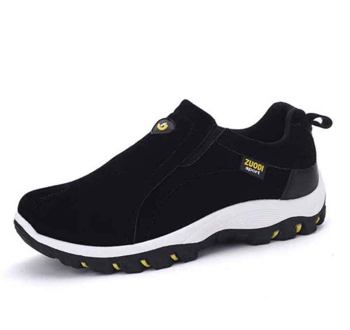Men's black orthopedic slip-on walking shoe with textured outsole