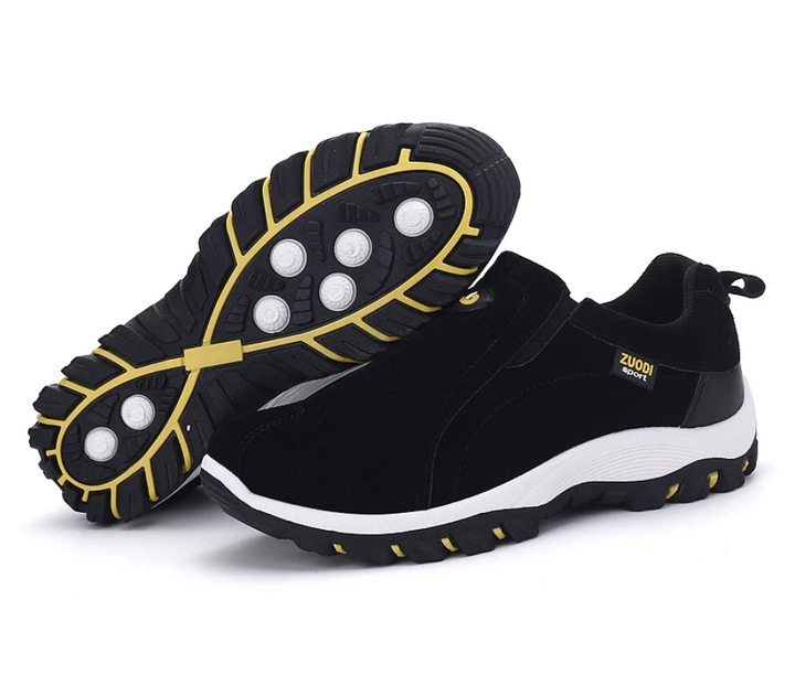 Top-down view of casual slip-on shoes for men showing breathable mesh upper