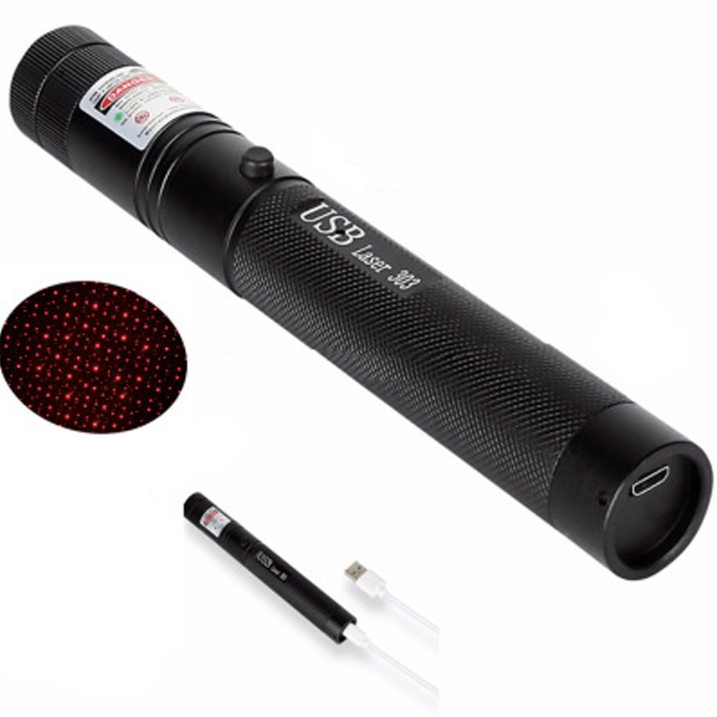 High-powered rechargeable USB laser pointer pen glowing in a dark room