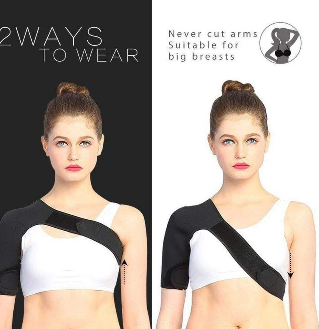 Infographic showing two ways to wear the shoulder support brace