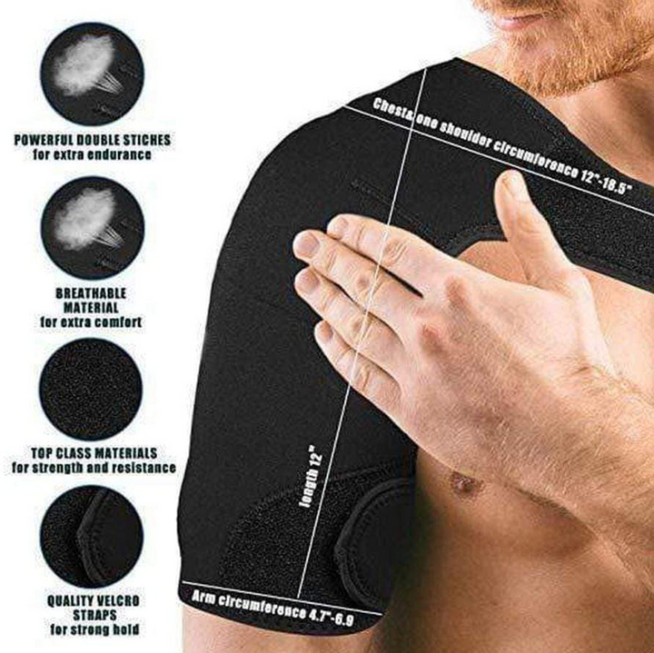 Woman wearing black compression shoulder brace sleeve for rotator cuff pain relief and joint support