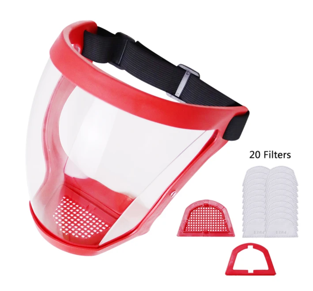 Red multifunctional full-face protective mask with filter components