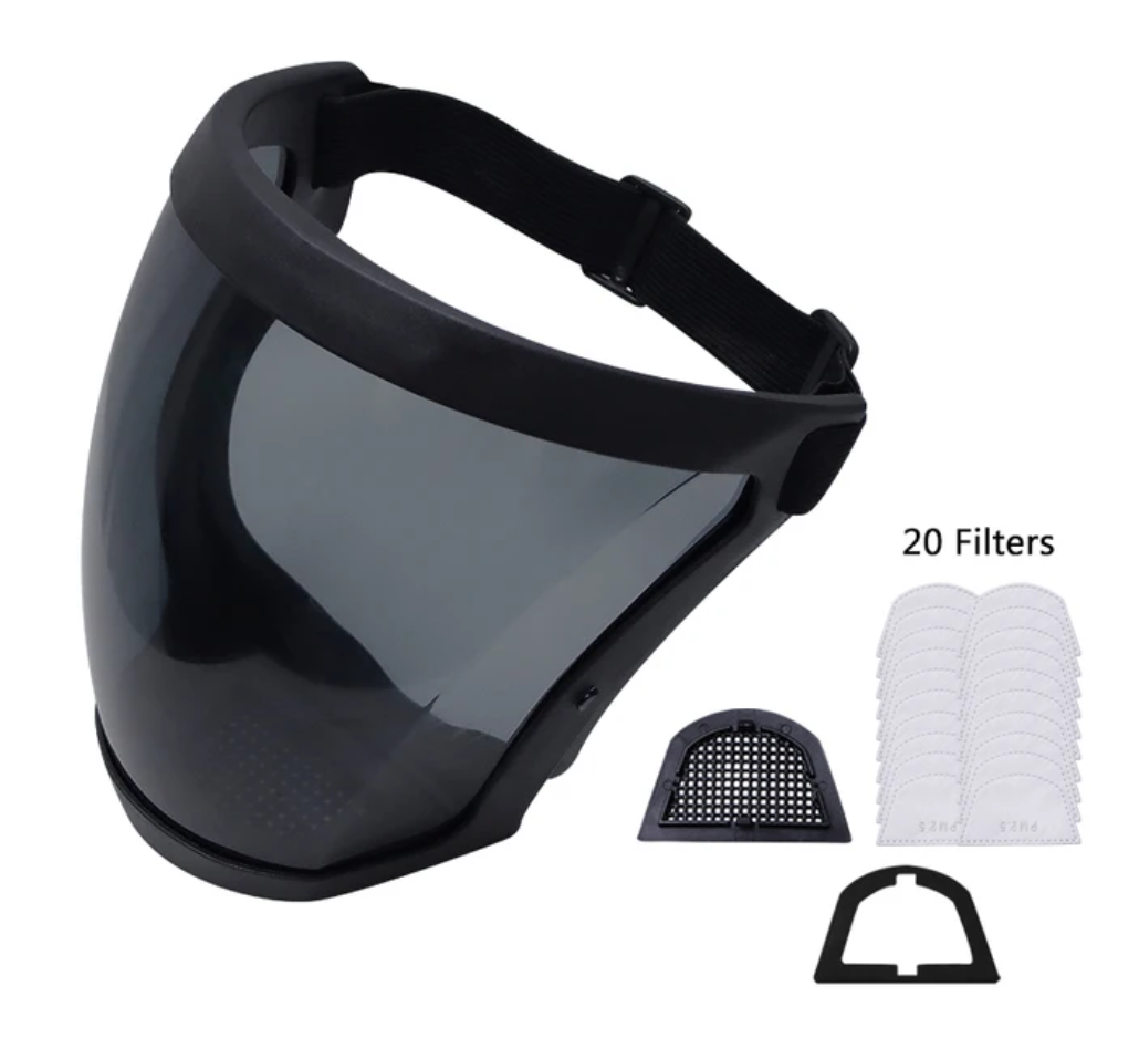Safety gear dust mask and clear full face shield worn by a model