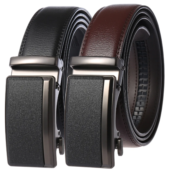 Black and brown men's automatic buckle belts rolled side by side