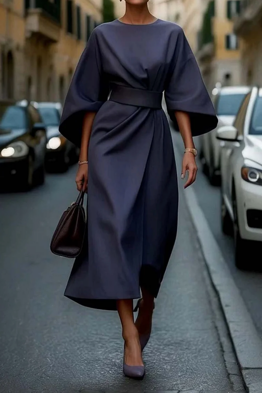 Woman walking on a city street wearing a navy blue elegant belted maxi dress with flowing silhouette