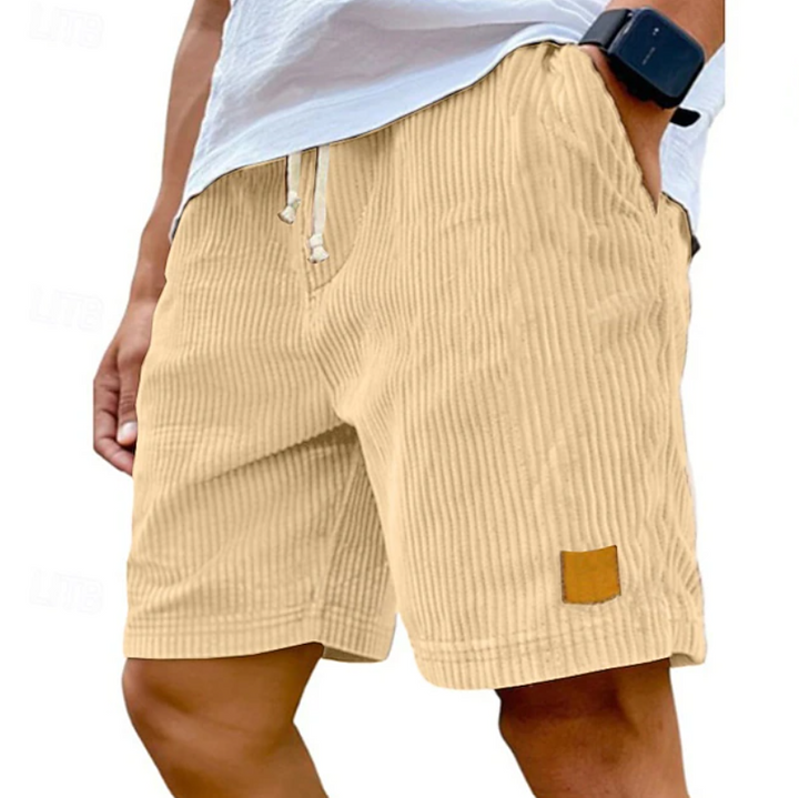 Men's beige textured summer shorts with drawstring waist