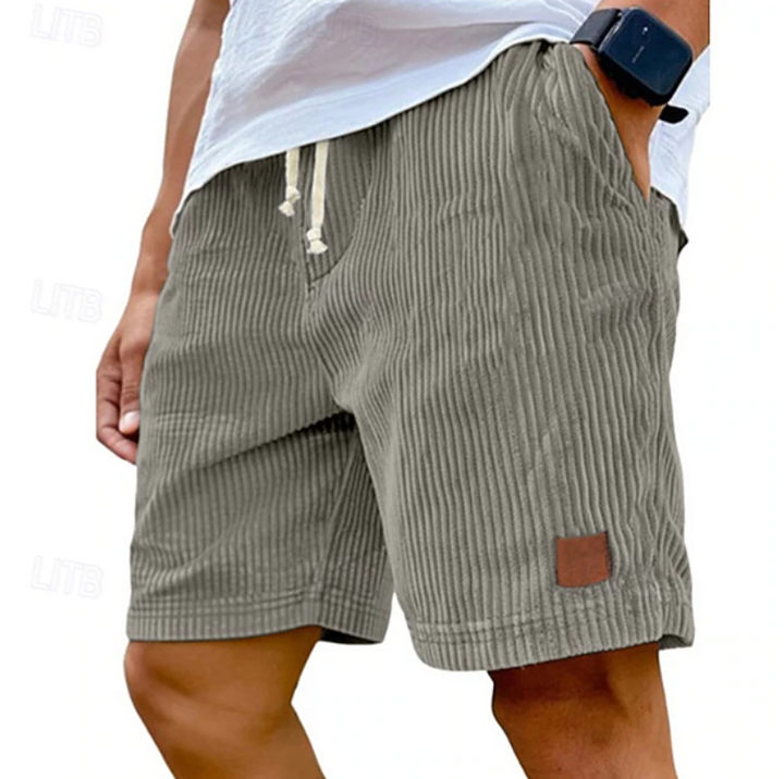 Mens classic textured summer shorts in a neutral color, front view