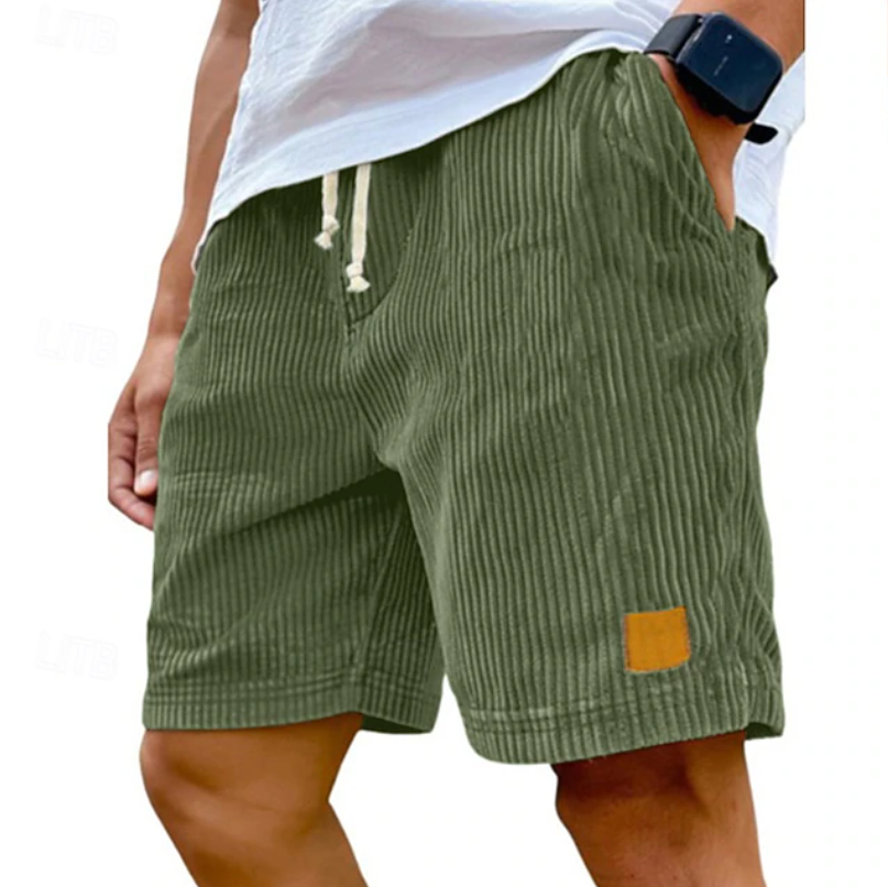 Close up view of the breathable textured fabric on summer shorts for men