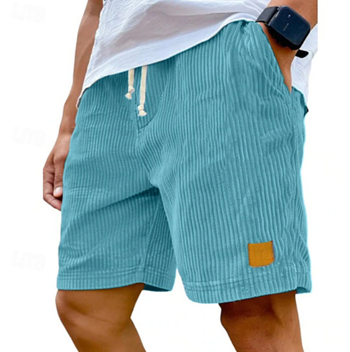 Detailed view of hemline and stitching on lightweight mens shorts