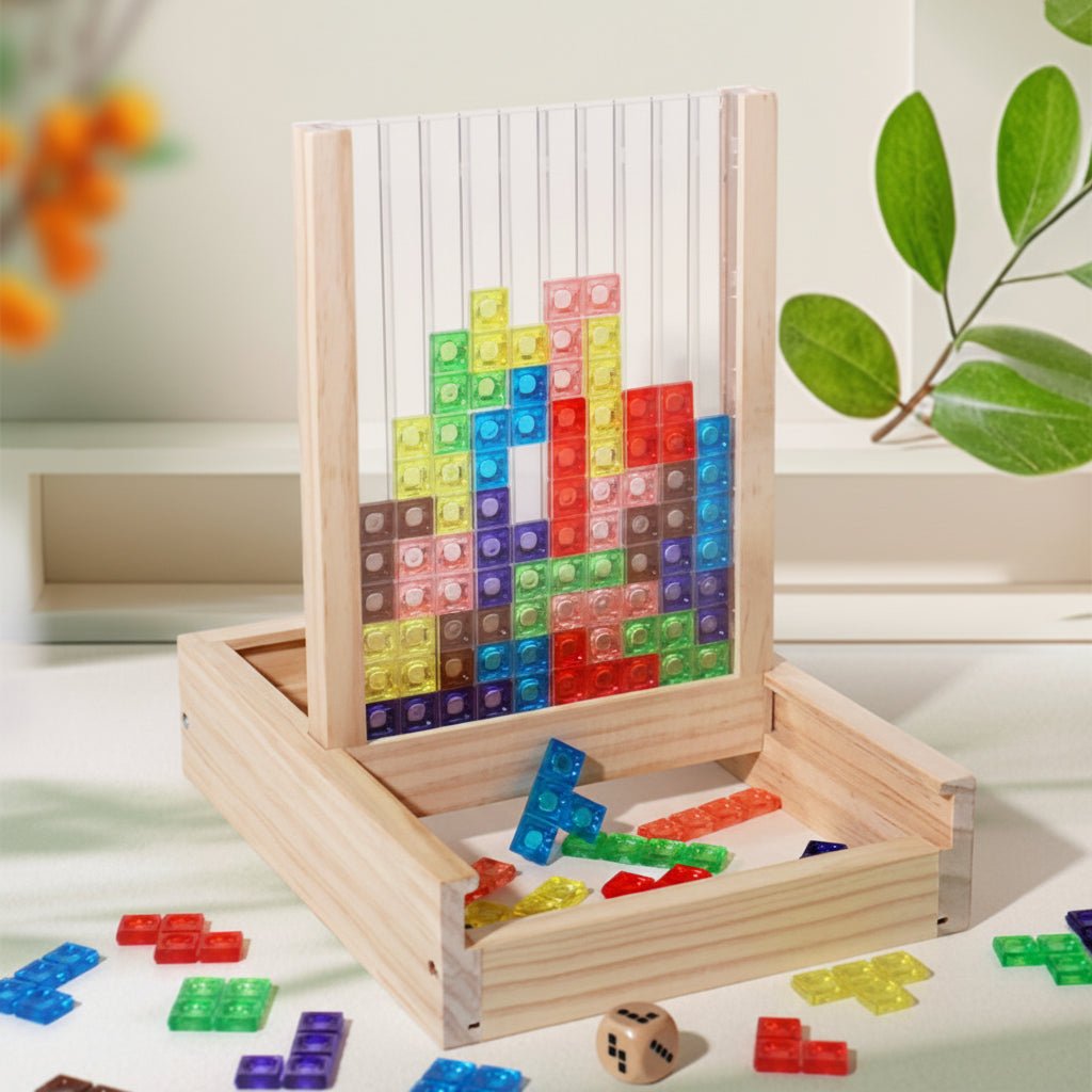 Wooden puzzle board with colourful translucent blocks and dice on a white surface