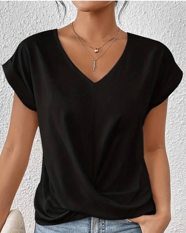 Pink women's summer top with a flattering v-neckline and twist hem design