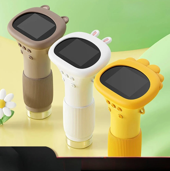 Three WonderZoom kids microscopes in brown, white, and yellow color variants with cute animal ear designs