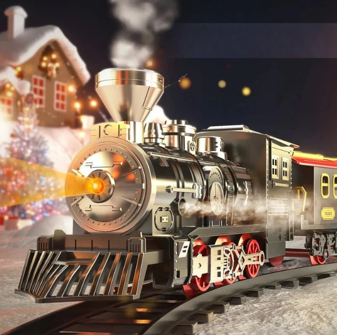 Classic vintage train set engine with realistic steam and light effects
