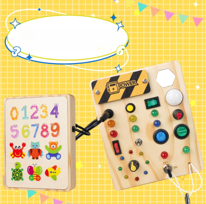 Montessori light board displayed next to a number and animal learning board connected by a cord