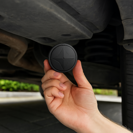 Compact black magnetic GPS tracker being attached underneath a car