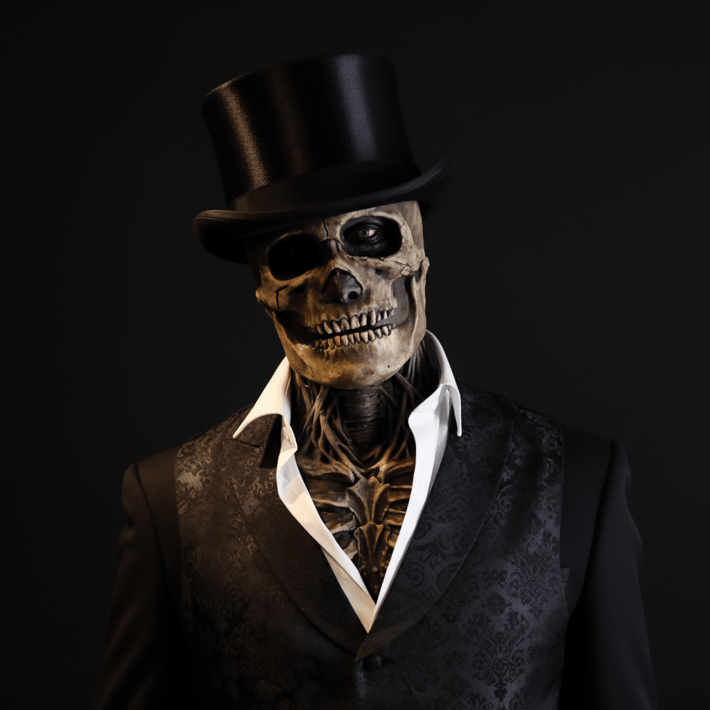 Realistic skeleton mask paired with a top hat and formal suit