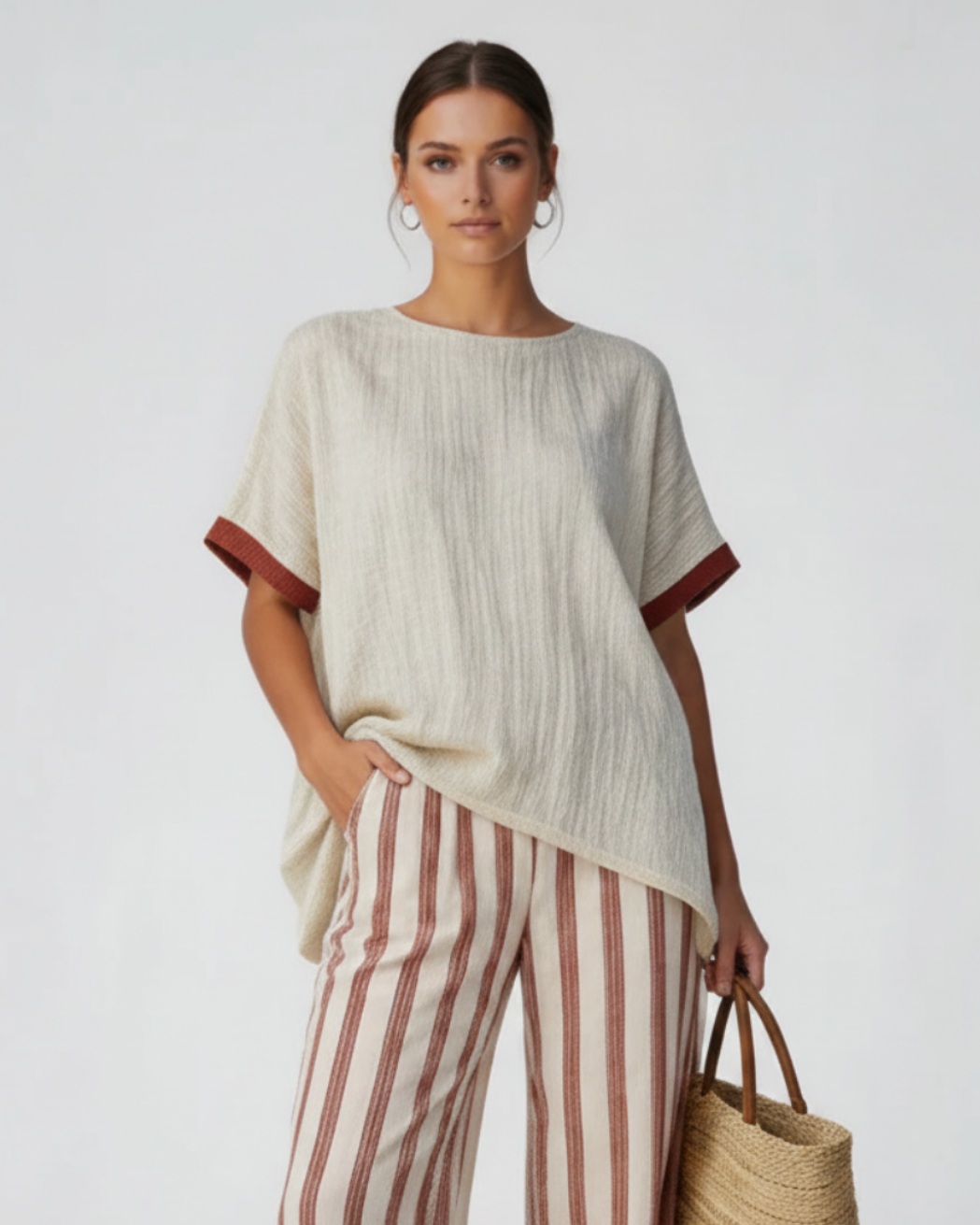 Women’s Striped Poncho Top and Linen Pants Set