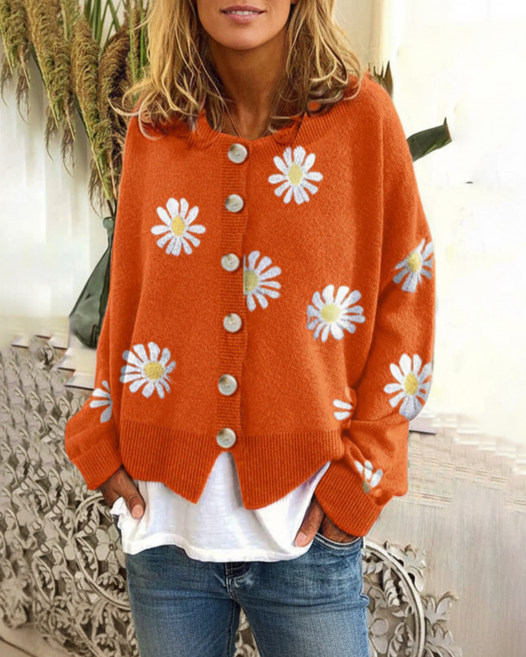 Daiselle | Women’s Daisy Print Button Front Knit Cardigan