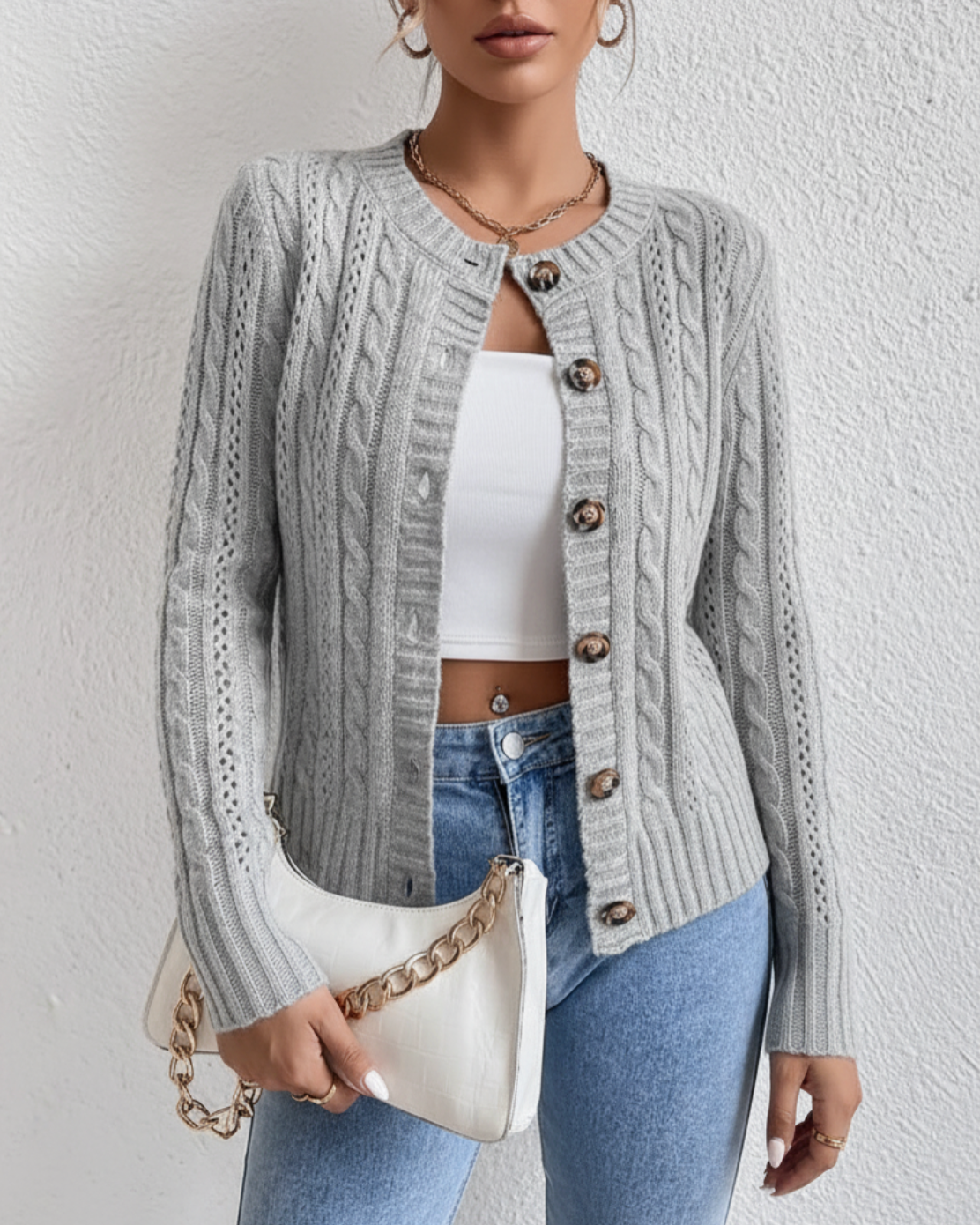 Arielleth | Women’s Cropped Cable Knit Button Front Cardigan
