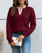 Elira | Women’s V Neck Lace Trim Knit Sweater