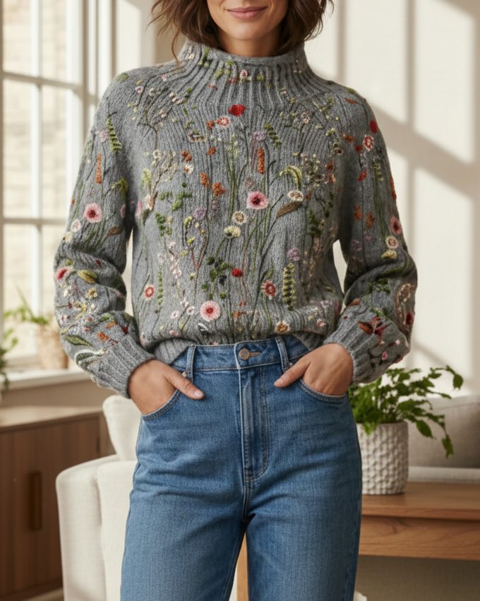 Rosey | Women’s Floral Mock Neck Long Sleeve Sweater