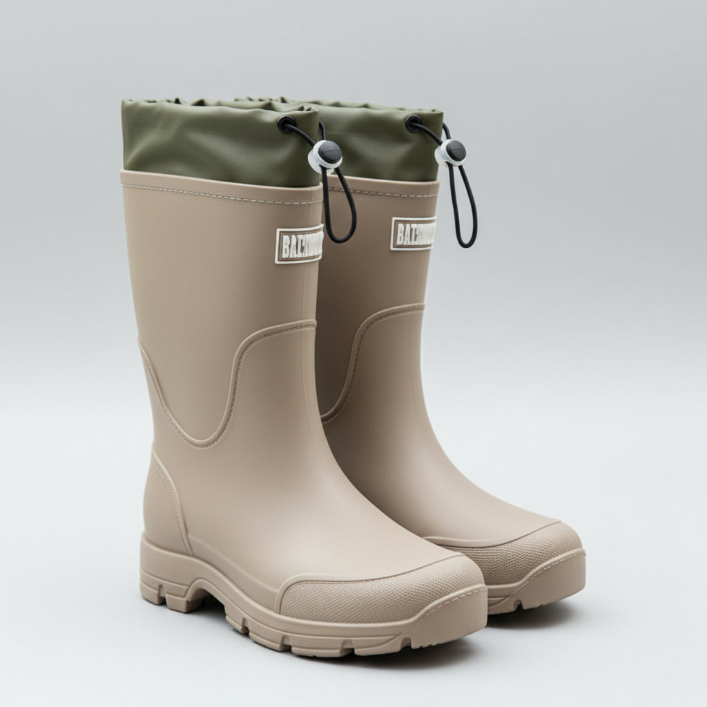 Pair of stylish mid-calf rain boots displayed cleanly against a neutral background