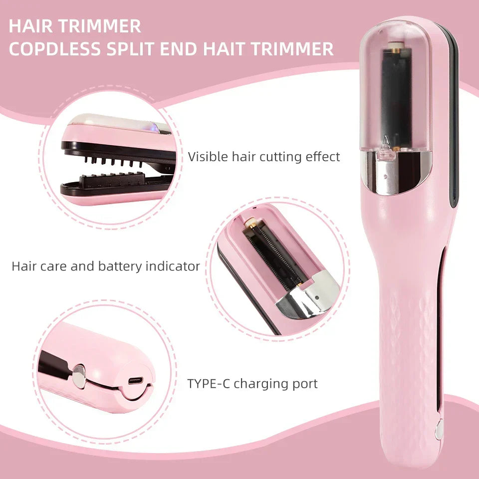 Hand holding the rechargeable split end trimmer to demonstrate its compact size.
