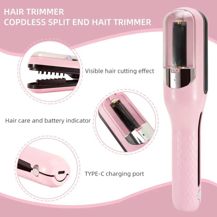 Hand holding the rechargeable split end trimmer to demonstrate its compact size.