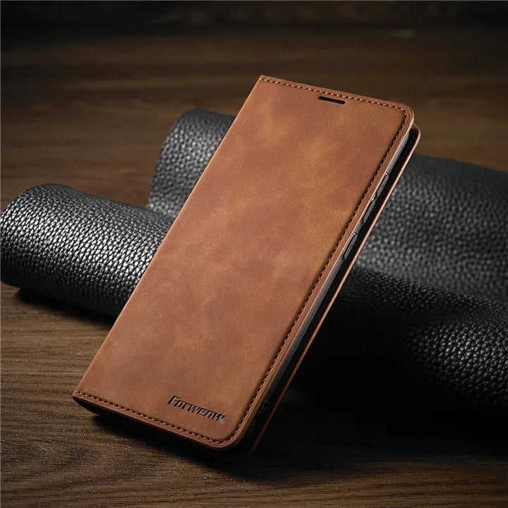 Protective folio flip case for iPhone open to display interior compartments