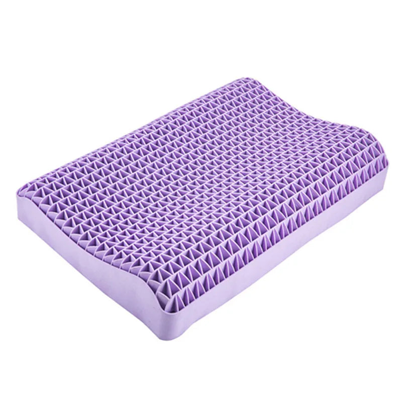 Purple TPE cervical pillow showing grid ventilation structure