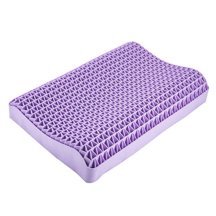 Purple TPE cervical pillow showing grid ventilation structure