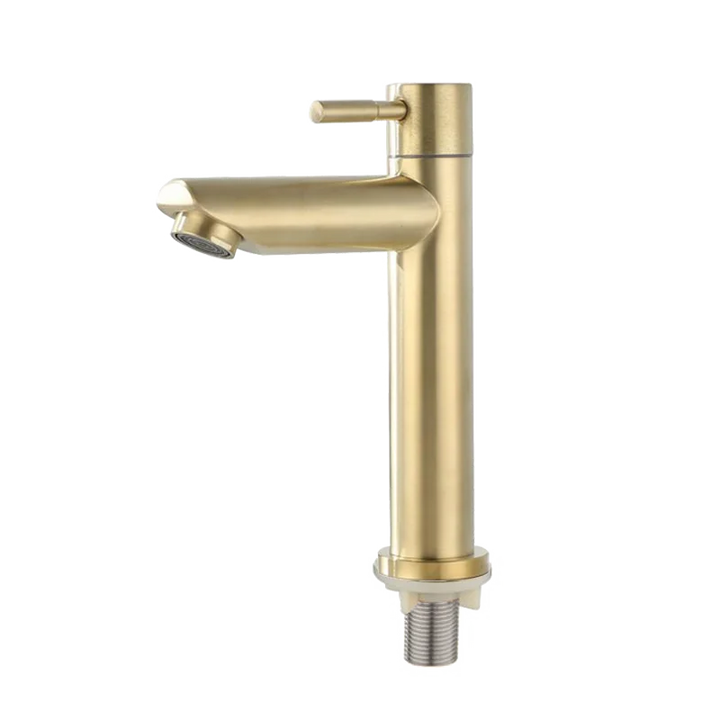 Side angle view of single handle stainless steel sink faucet