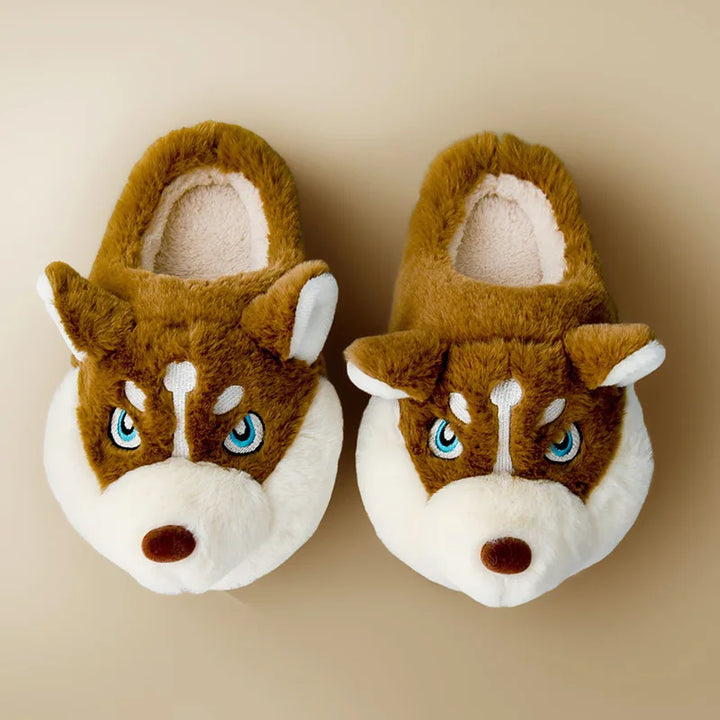 Cozy fuzzy winter footwear for women designed as cute plush husky slippers