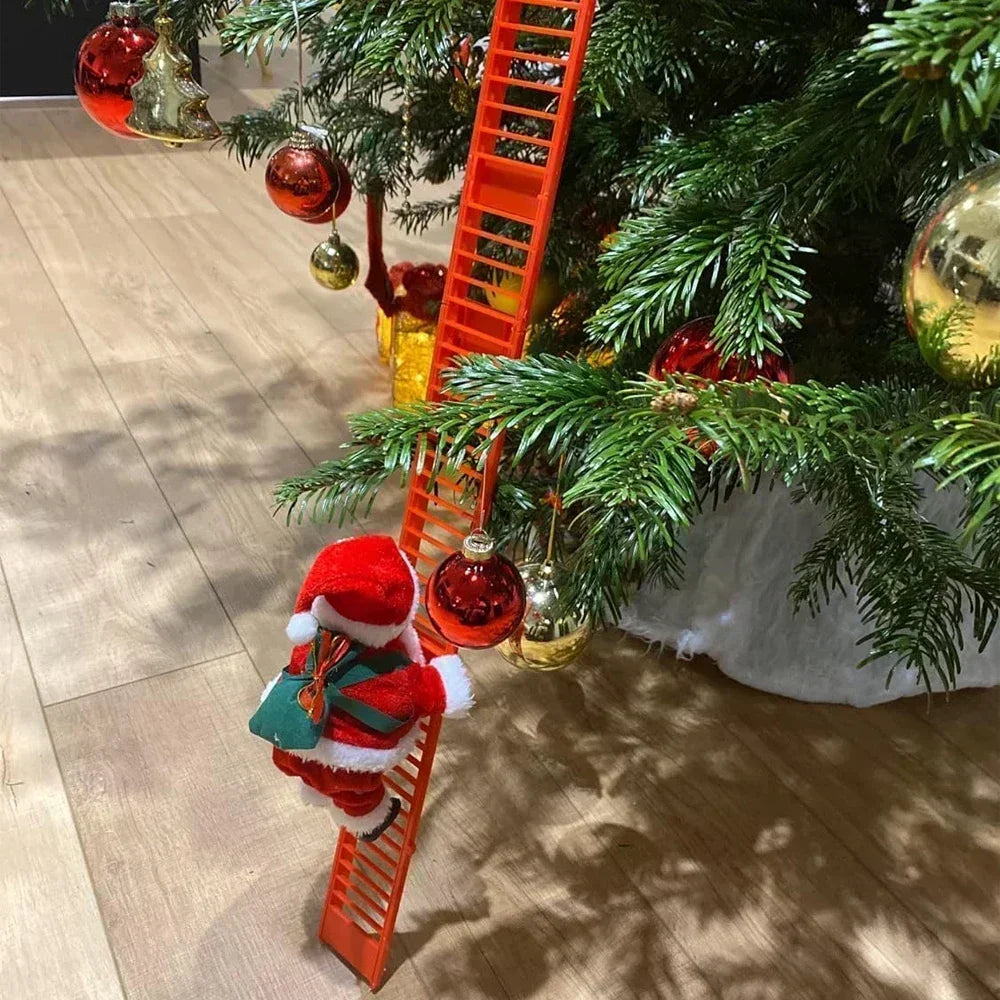 Animated Santa climbing ladder hanging in a Christmas tree