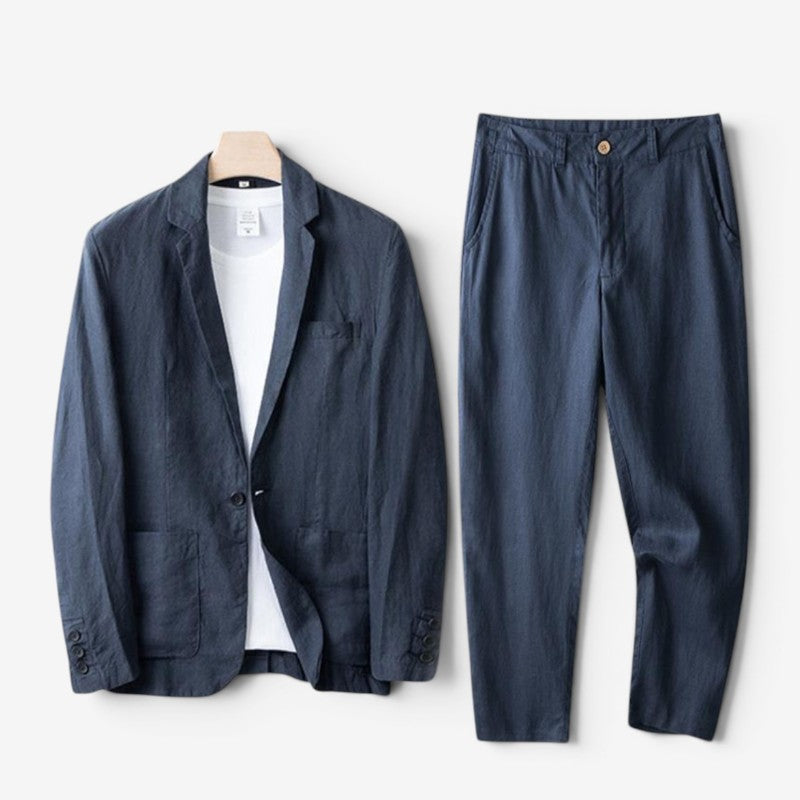 Men's blue two-piece blazer and trousers set displayed on hanger