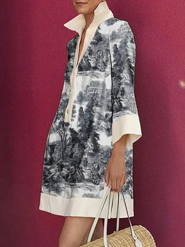 Back view of a black and white floral short casual dress