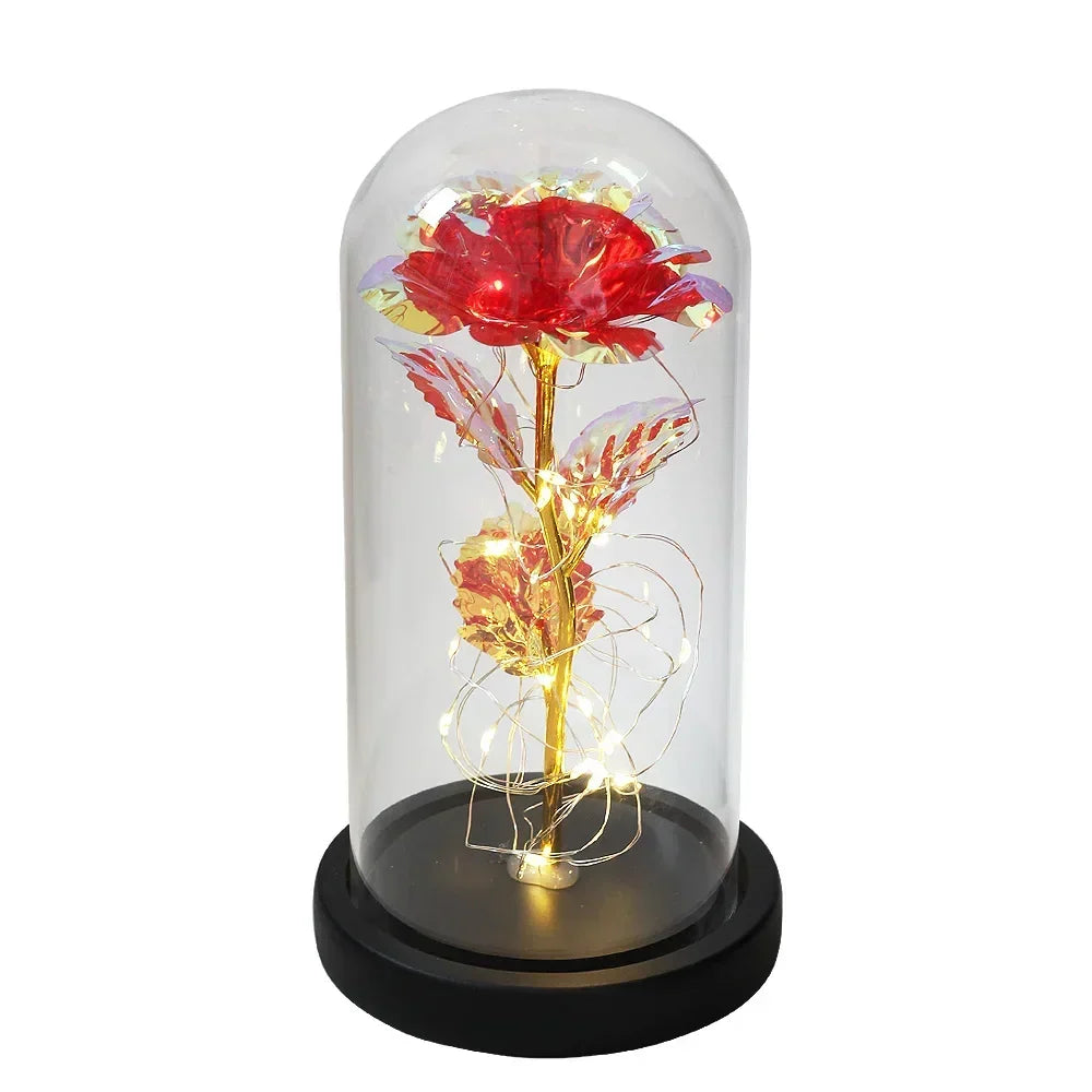 LED glass dome rose with a red flower and black base