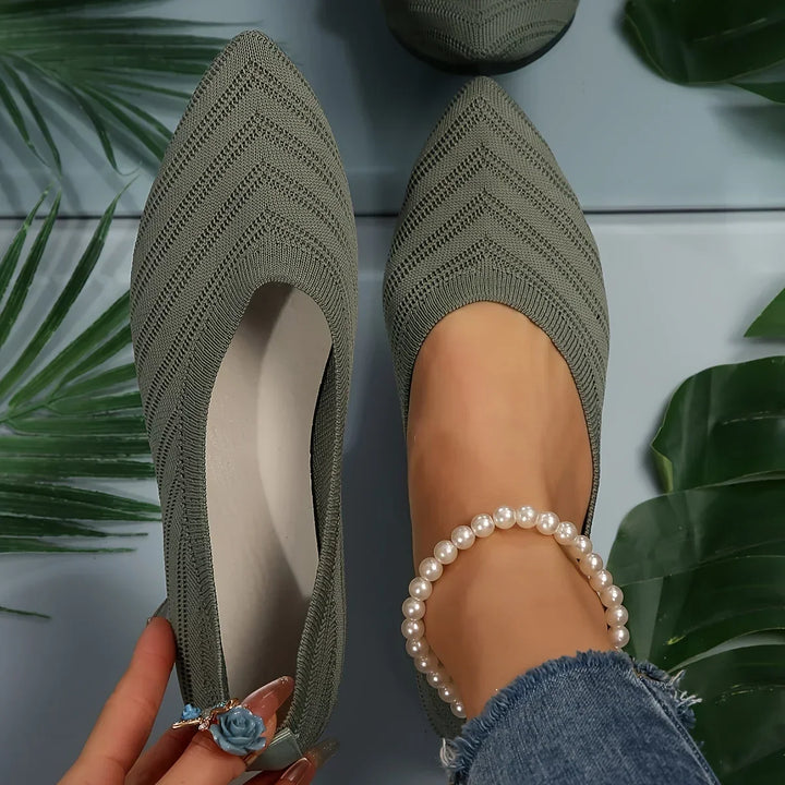 Close up of breathable knitted texture on women's slip on casual shoes