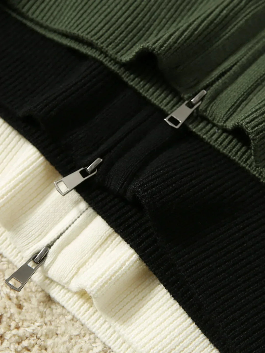 Detailed view of pocket construction on knit cardigan