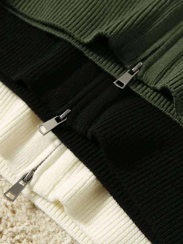 Detailed view of pocket construction on knit cardigan