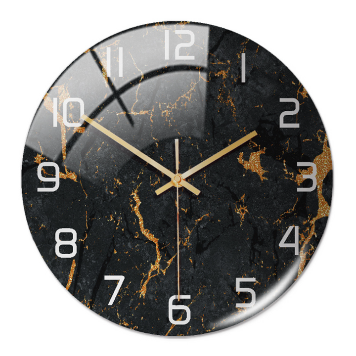 Elegant marble-effect wall clock showcasing natural grey stone patterns and minimalist black hands for living room decor.
